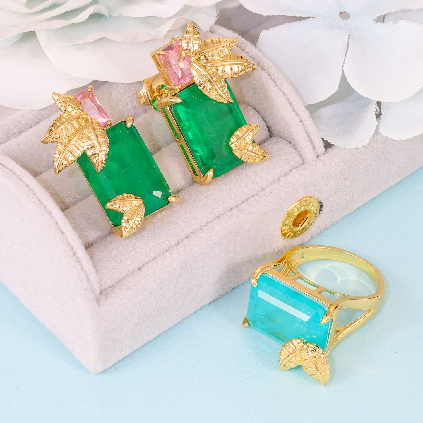 Anel Folha Retangular pedra fusion Colorido - XYS101171