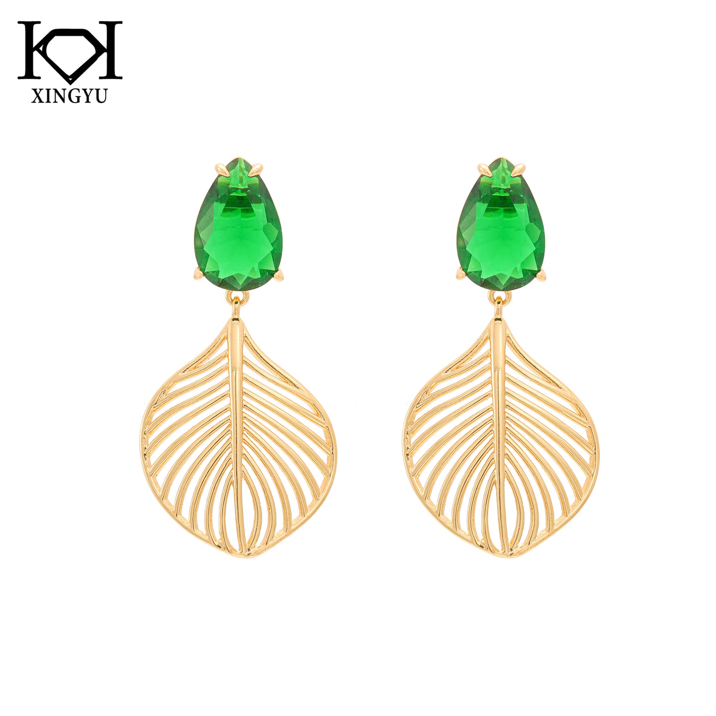 Brincos folhas e pedra Verde XYS101223