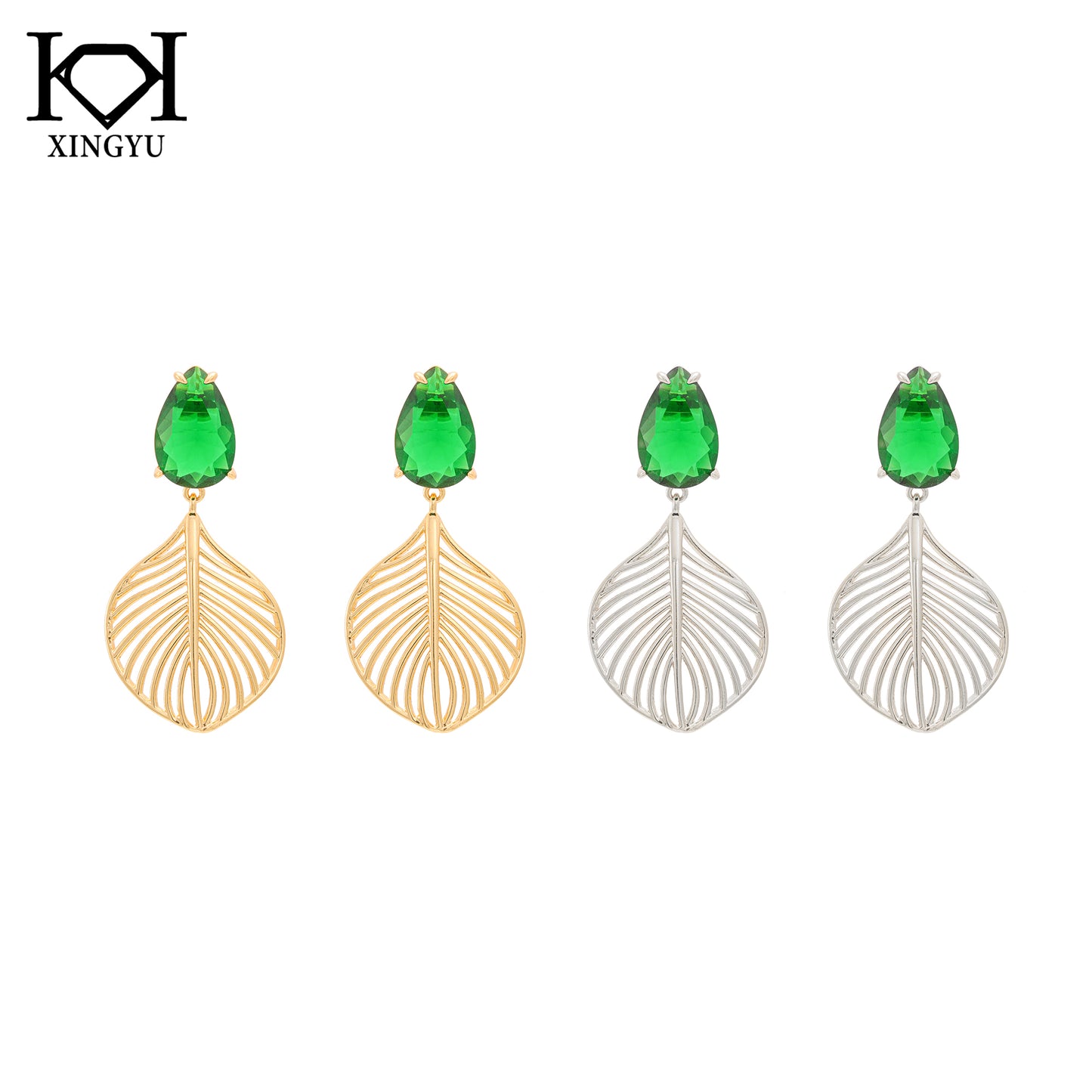 Brincos folhas e pedra Verde XYS101223
