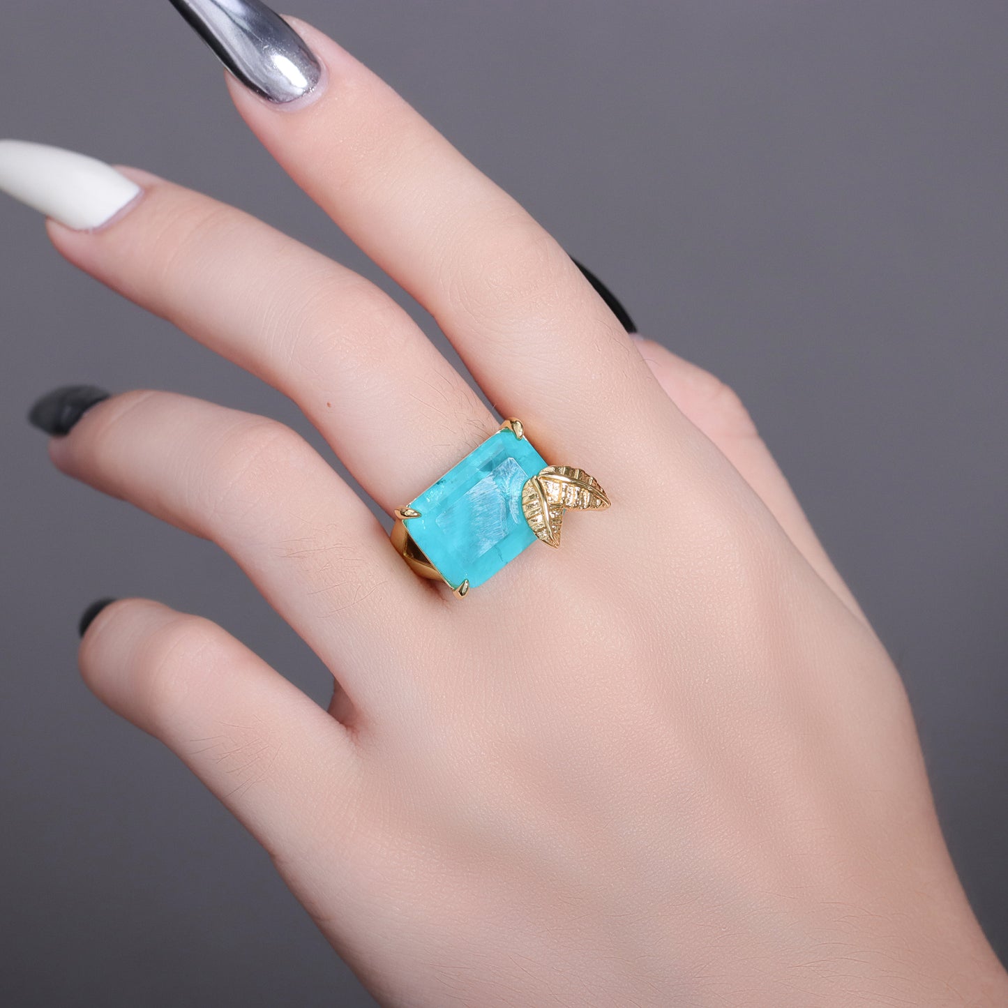 Anel Folha Retangular pedra fusion Colorido - XYS101171