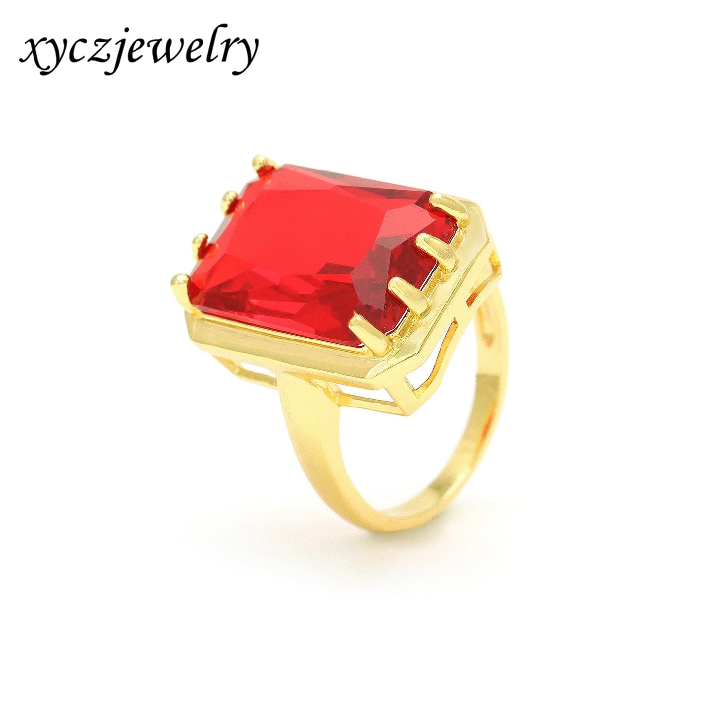 Anel solitário com pedra vermelha retangular