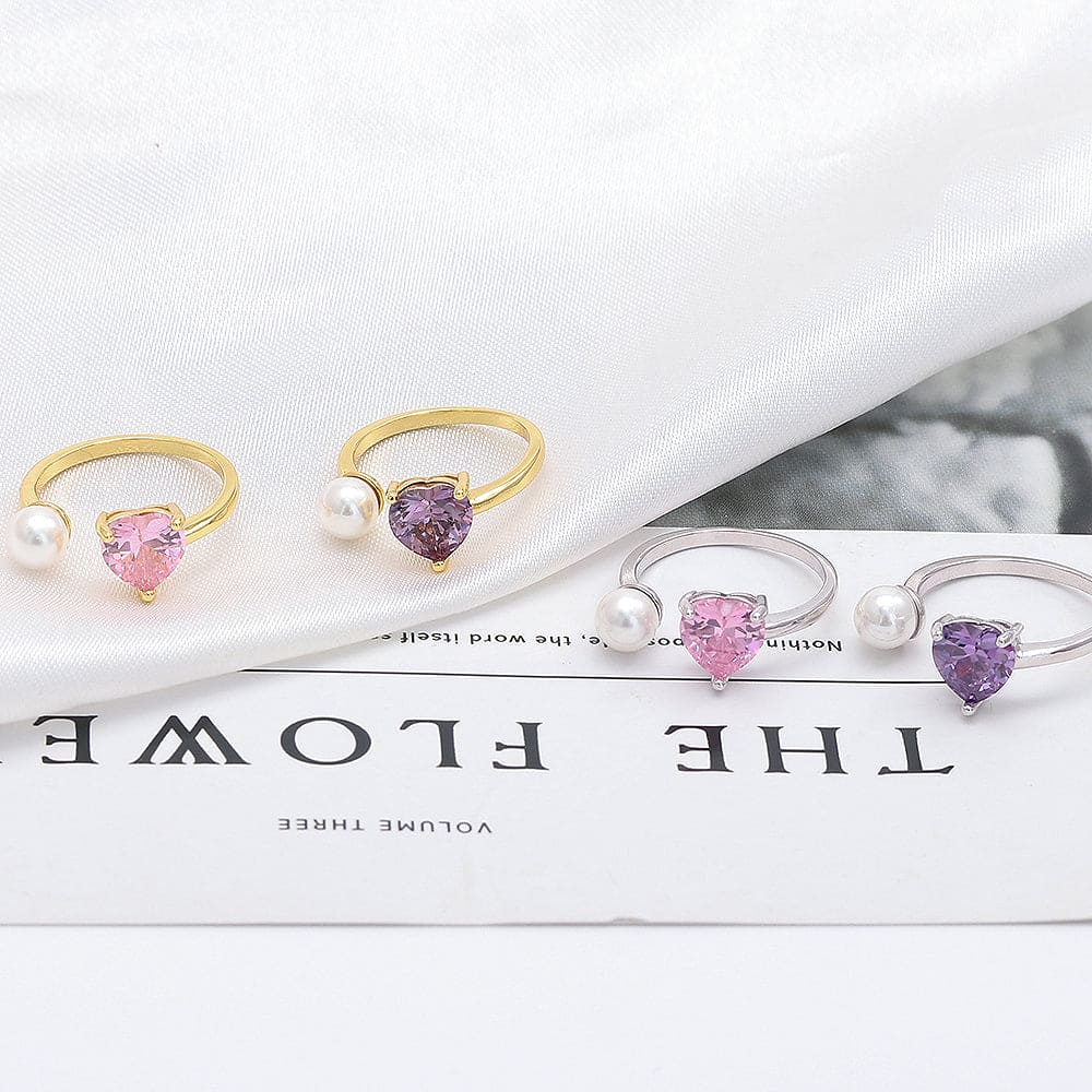 Anel aberto de coração e pérola no atacado