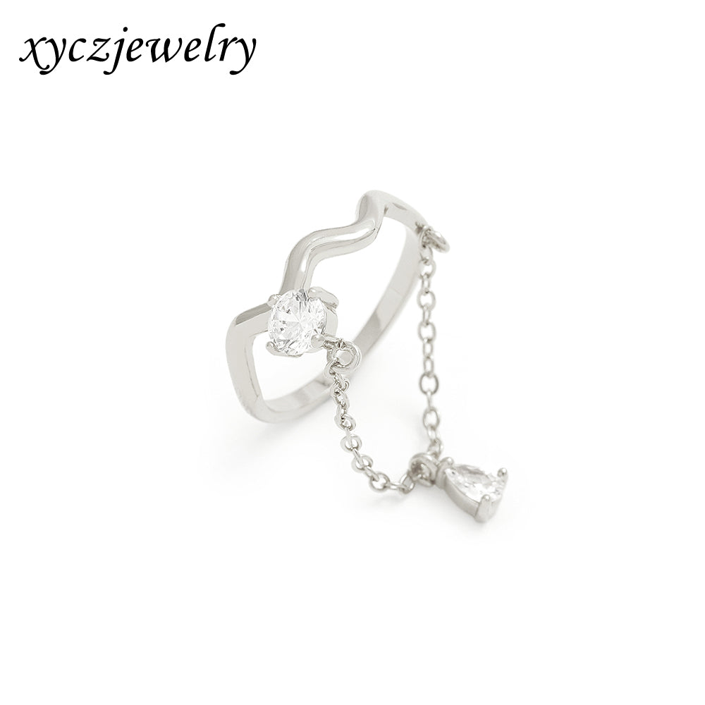 Anel zig zag com corrente e gota cristal no atacado