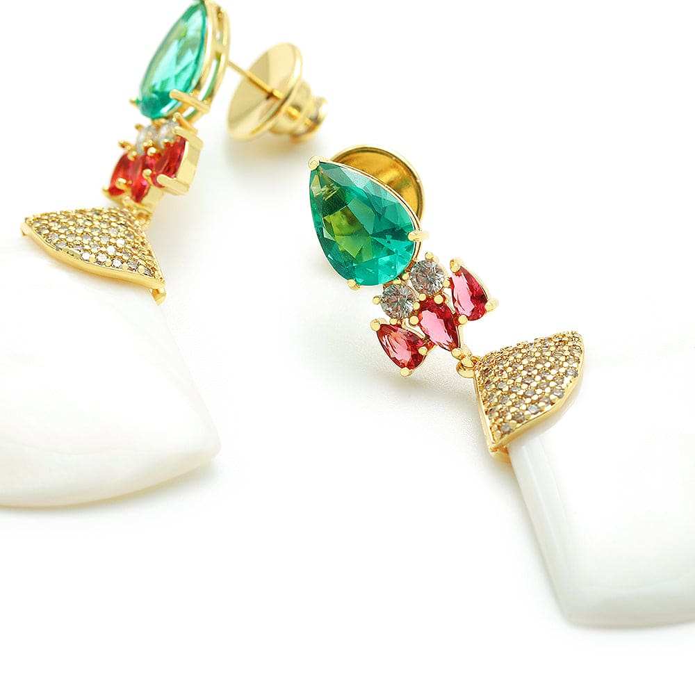 Brinco Leque Madre Pérola / Zircônia e Vidrilho XYE104257