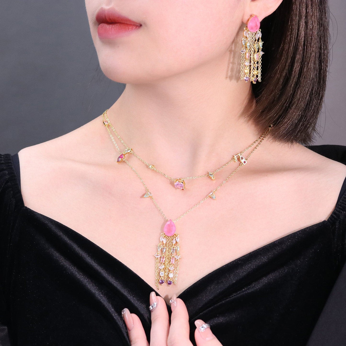 Colar Duplo com Gota Fusion e Franja necklace XYS101196