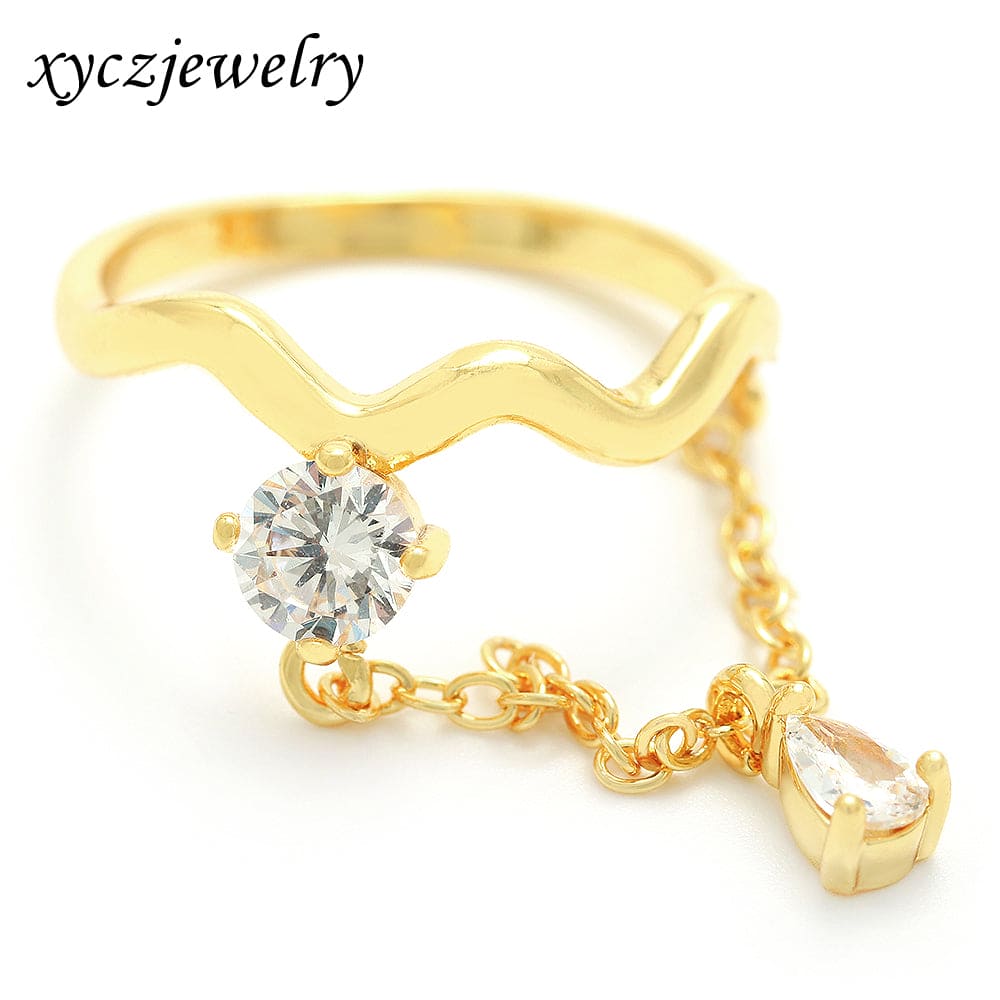 Anel zig zag com corrente e gota cristal no atacado