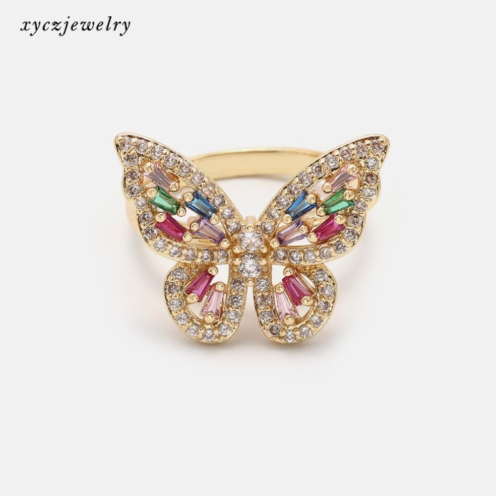 Anel borboleta cravejada com zircônias coloridas no atacado
