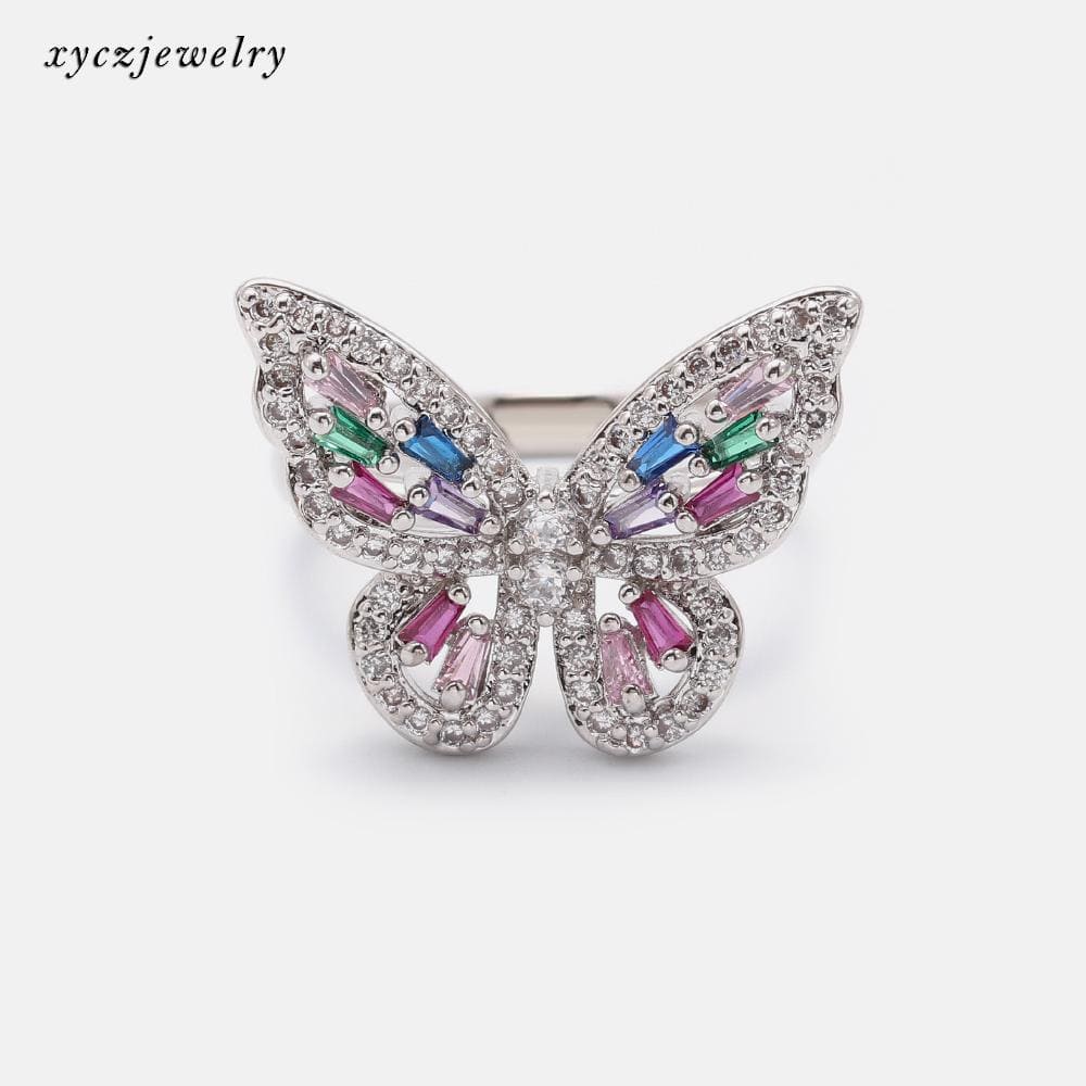 Anel borboleta cravejada com zircônias coloridas no atacado