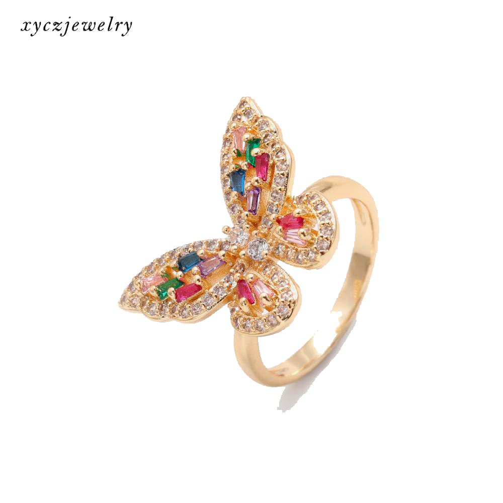 Anel borboleta cravejada com zircônias coloridas no atacado