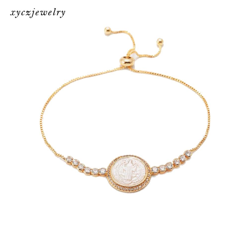 Pulseira religiosa com zircônias e madrepérola ajustável XYH100643