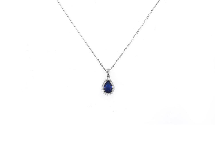 Colar sonho Prata 925 pingente gota Diamente de alto Carbono Safira KSS01838