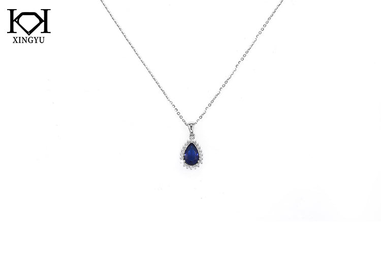 Colar sonho Prata 925 pingente gota Diamente de alto Carbono Safira KSS01838