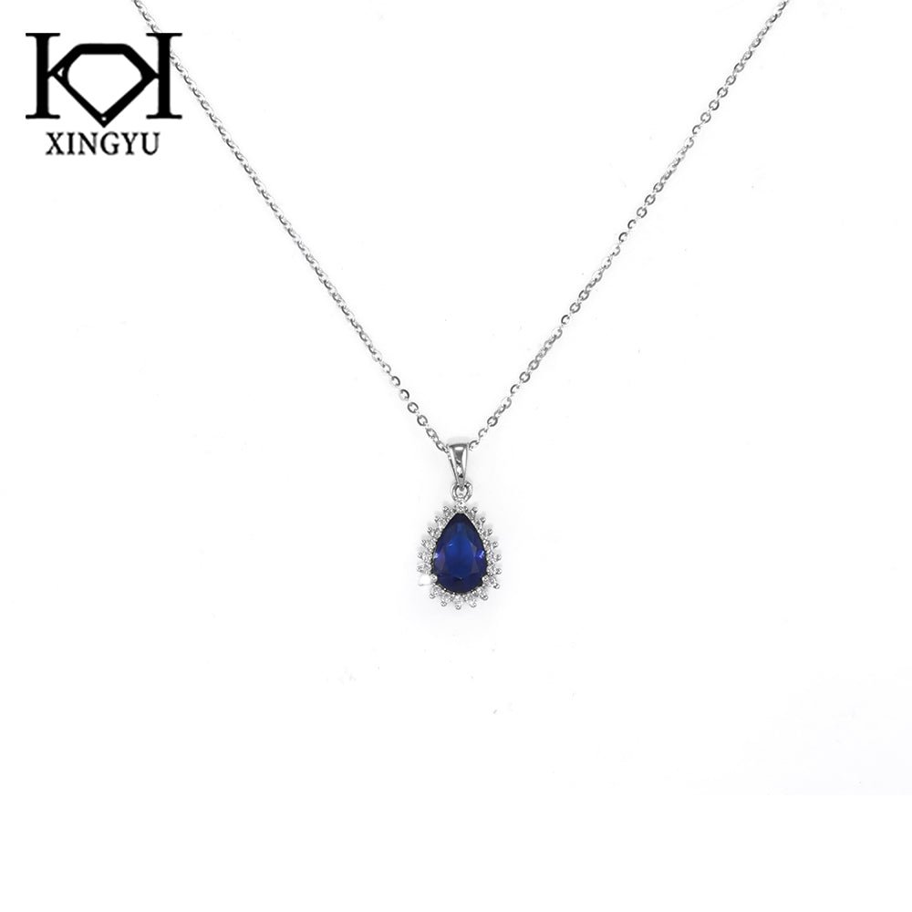 Colar sonho Prata 925 pingente gota Diamente de alto Carbono Safira KSS01838