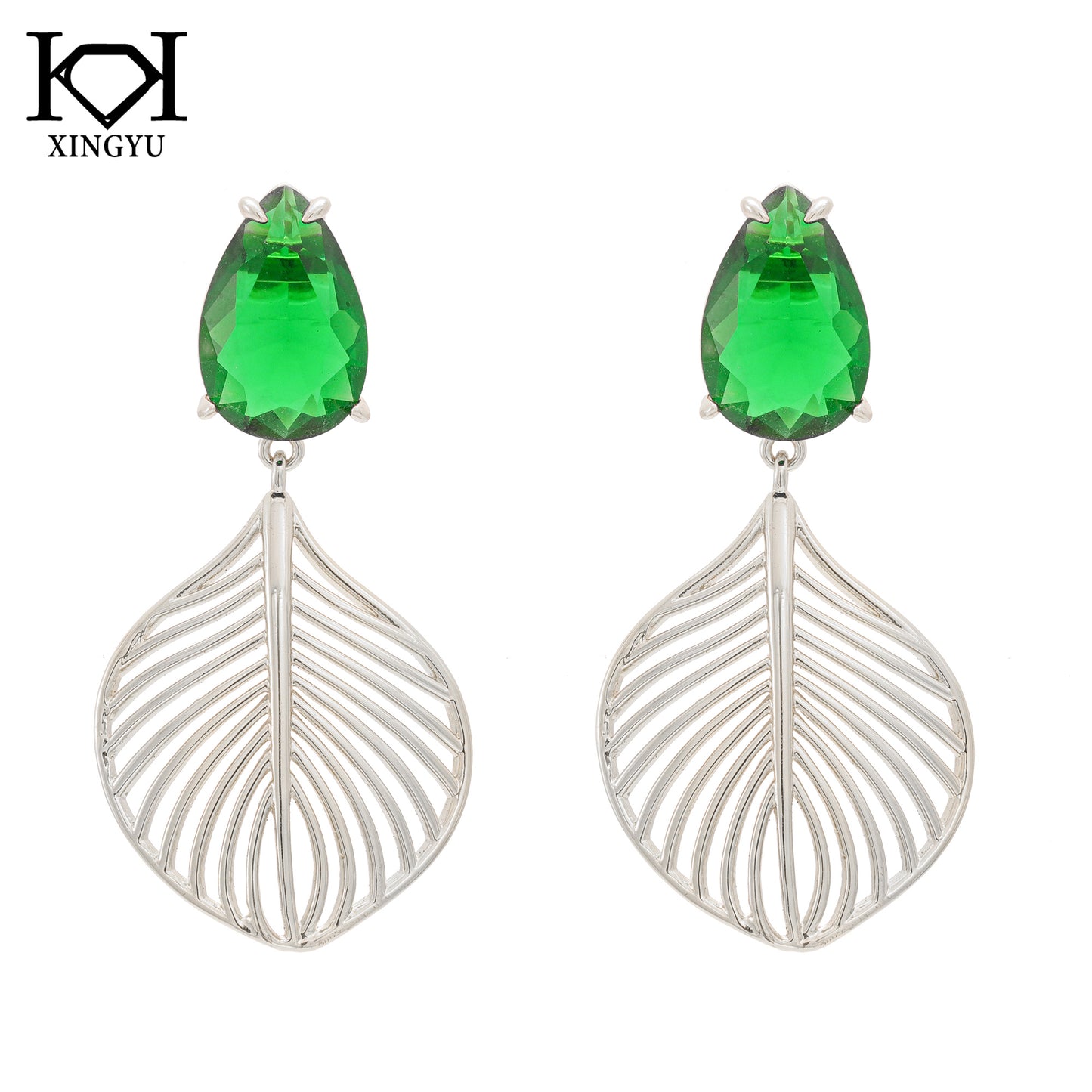 Brincos folhas e pedra Verde XYS101223