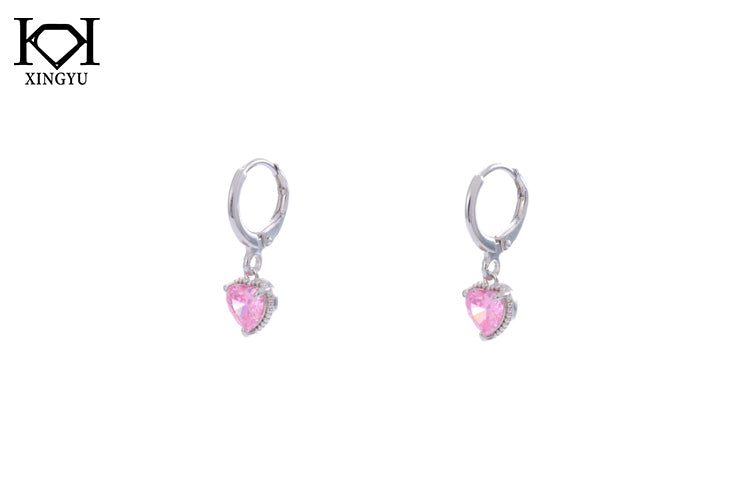 Brinco Argolinha Diamante de alto Carbono - Coração Rosa - Prata 925 DCG0343