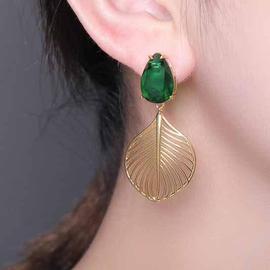 Brincos folhas e pedra Verde XYS101223