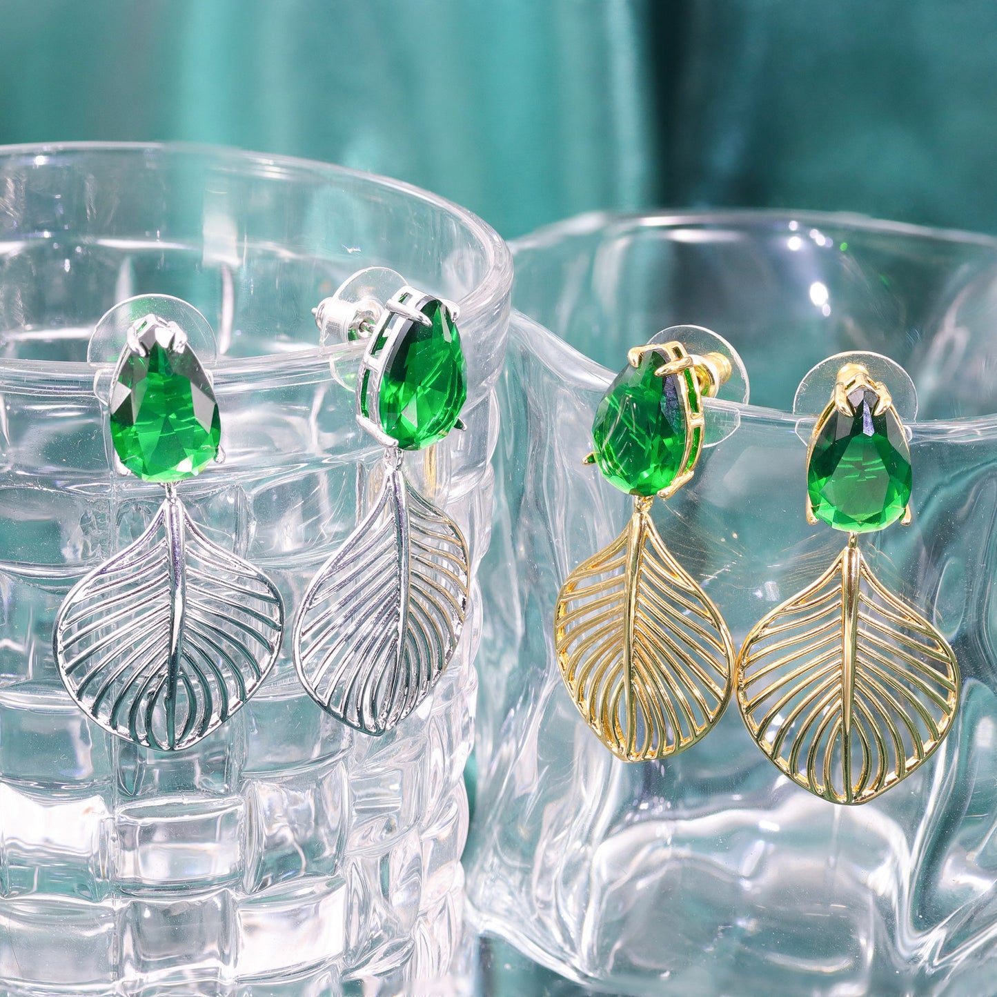 Brincos folhas e pedra Verde XYS101223