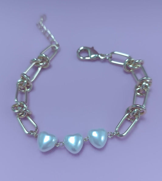 Pulseira Coracoes perola Shell e elos DCG0663