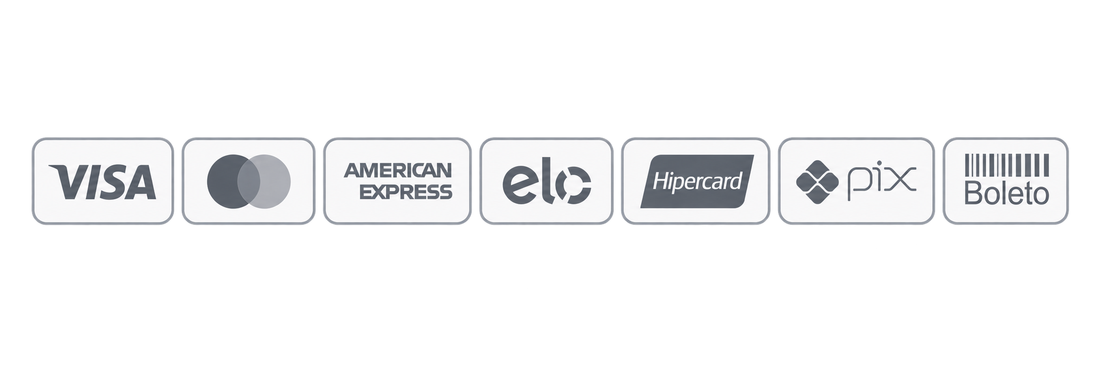 Formas de pagamento: Visa, Mastercard, American Express, Elo, Hipercard, Pix e Boleto
