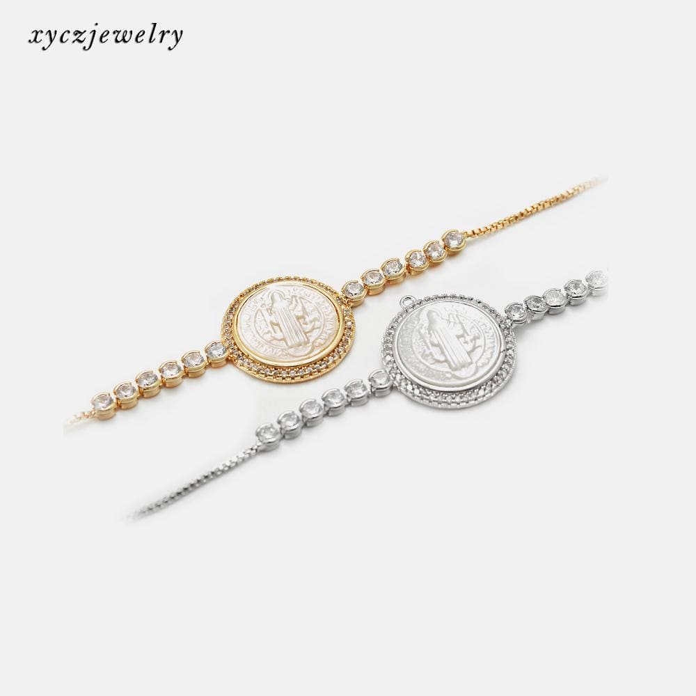 Pulseira religiosa com zircônias e madrepérola ajustável XYH100643