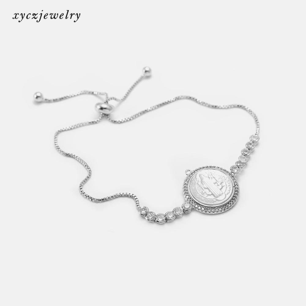 Pulseira religiosa com zircônias e madrepérola ajustável XYH100643